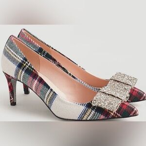 J.Crew Snowy Stuart Tartan with Glitter Bow Heels, size 6